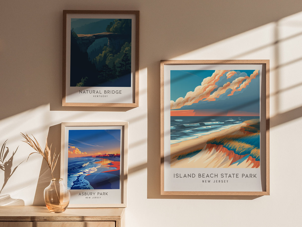 Island Beach State Park Matte Border Poster | New Jersey Beach House Decor Travel Wall Art — styled in a modern interior
