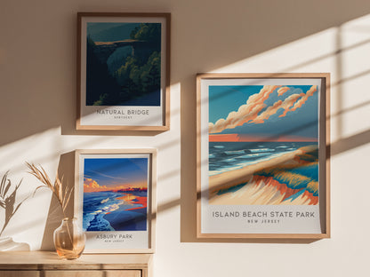 Island Beach State Park Matte Border Poster | New Jersey Beach House Decor Travel Wall Art — styled in a modern interior