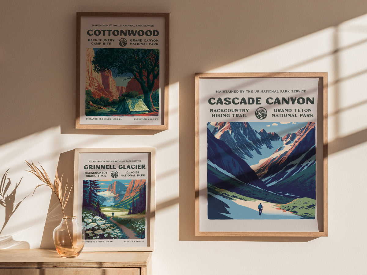 Cascade Canyon, Grand Teton National Park Poster | Hiker Gift | Backcountry Trail Wall Art — styled in a modern interior