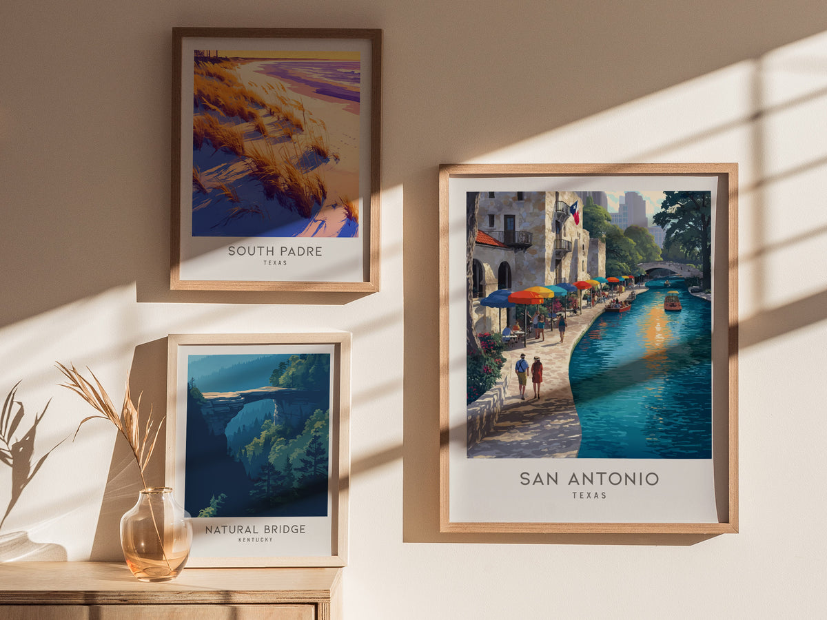San Antonio River Walk Matte Border Poster | Texas Travel Wall Art — styled in a modern interior