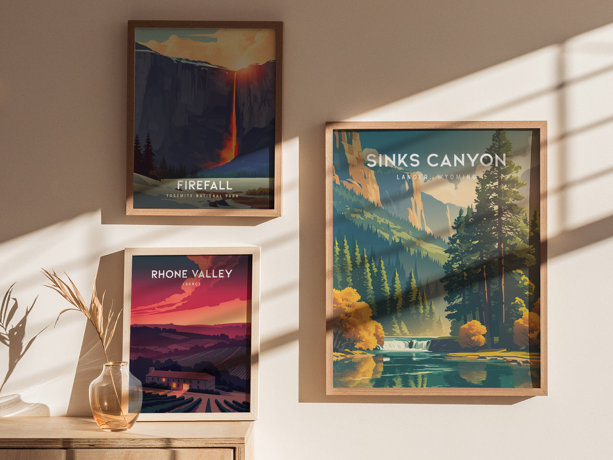 Sinks Canyon, Lander, Wyoming Poster | Wild River & Canyon Cliffs Destination Print — styled in a modern interior