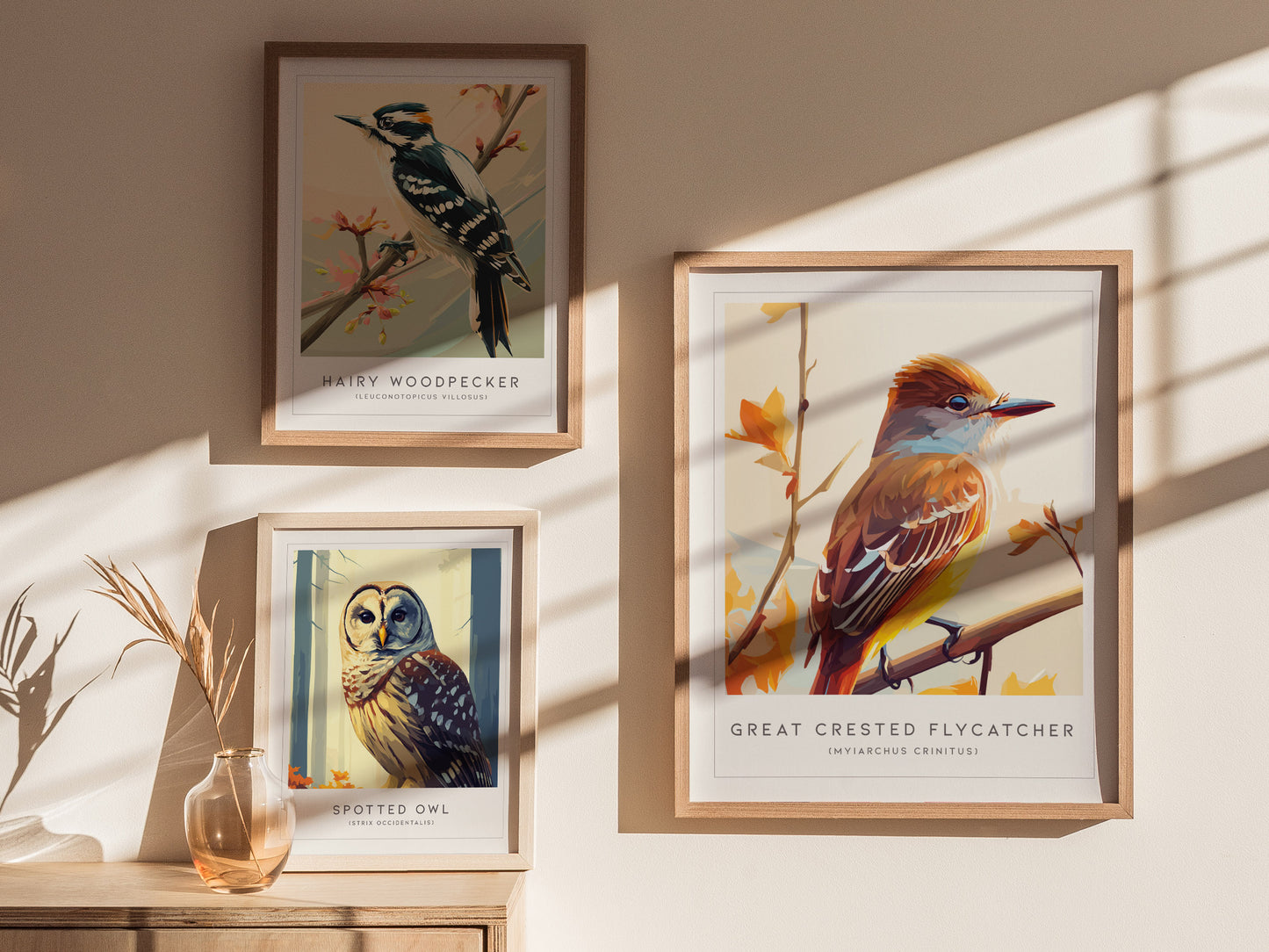 Great Crested Flycatcher Poster | Woodland Songbird Nature Wall Art — styled in a modern interior