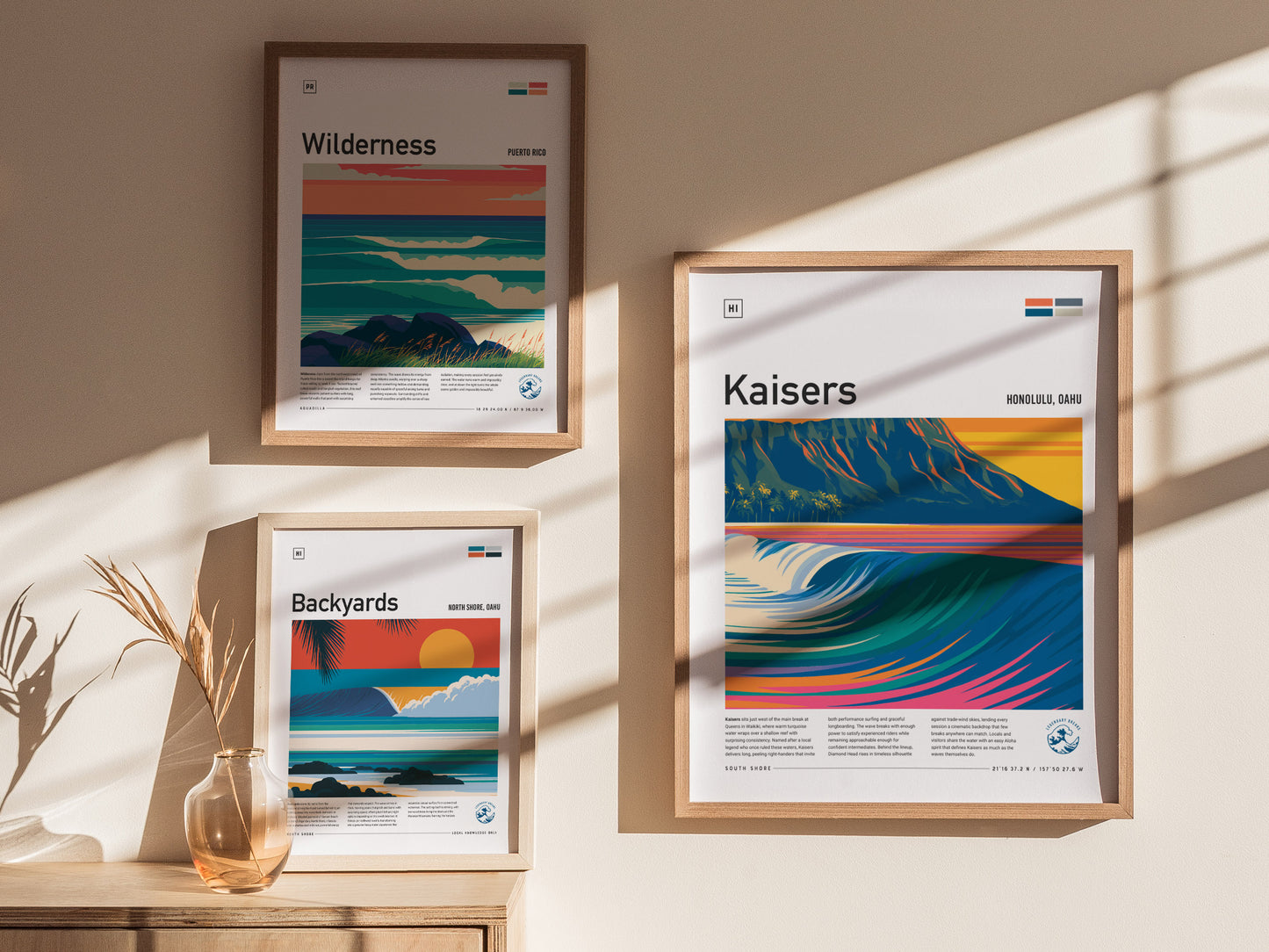 Kaisers, Hawaii Poster | Golden Surf & Diamond Head Wall Art — styled in a modern interior