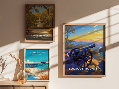 Framed posters of Forsyth Park, Tybee Island, and Lookout Mountain are displayed on a sunlit wall. A decorative vase with dried grass sits on a wooden surface below.