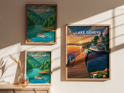 Lake Geneva, Wisconsin Poster | Lakeside Charm Destination Print Wall Art — styled in a modern interior