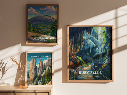 Ruby Falls, Chattanooga, Tennessee Poster | Underground Waterfall Travel Wall Art — styled in a modern interior