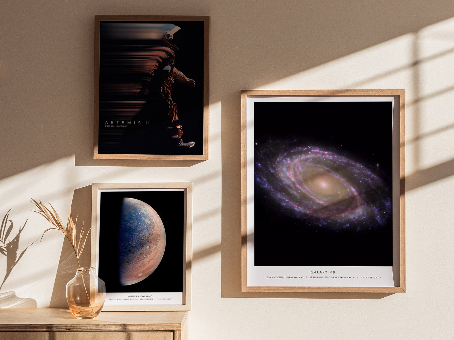 Gallery wall featuring the M81 galaxy poster paired with other NASA and deep space prints
