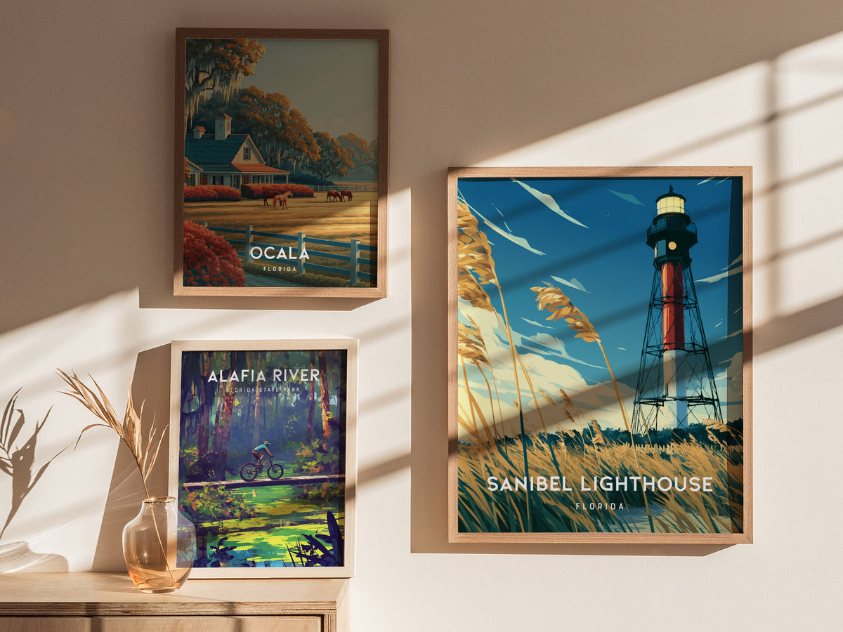 Sanibel Lighthouse, Florida Poster | Gulf Coast Beacon Coastal Decor Wall Art — styled in a modern interior