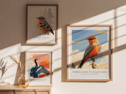 Vermilion Flycatcher, Pyrocephalus obscurus Poster | Brilliant Songbird Nature Poster Wall Art — styled in a modern interior