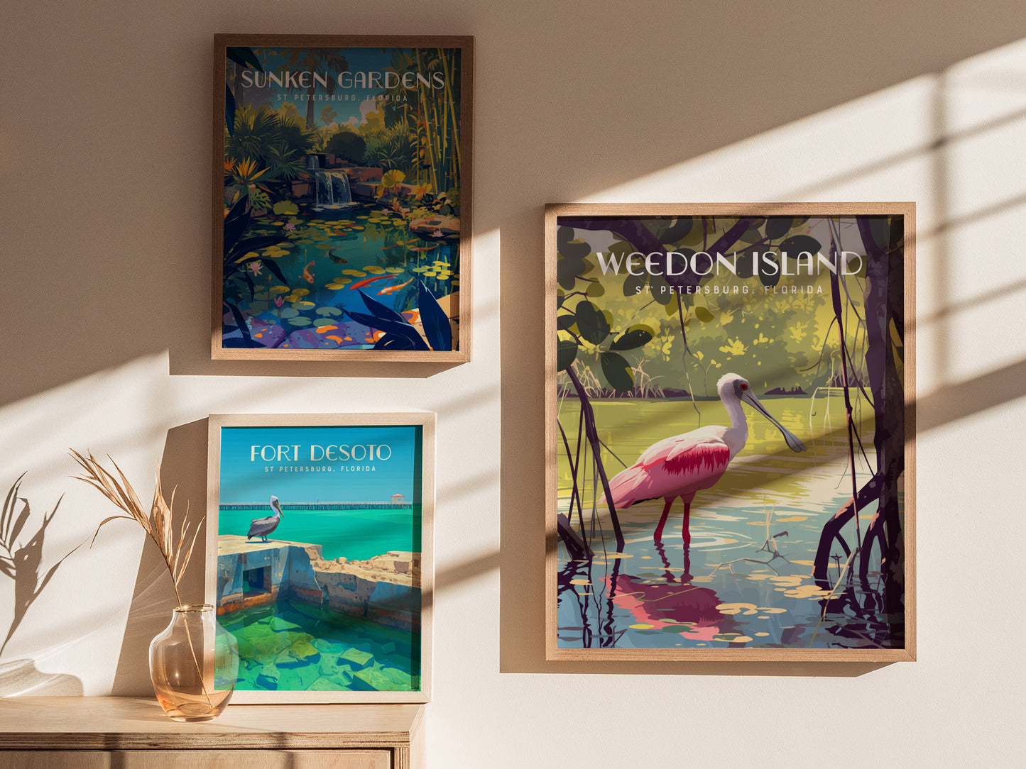 Three framed nature posters hang on a sunlit wall. The images depict Sunken Gardens, Fort Desoto, and Weedon Island in St. Petersburg, Florida, with vibrant landscapes and wildlife.