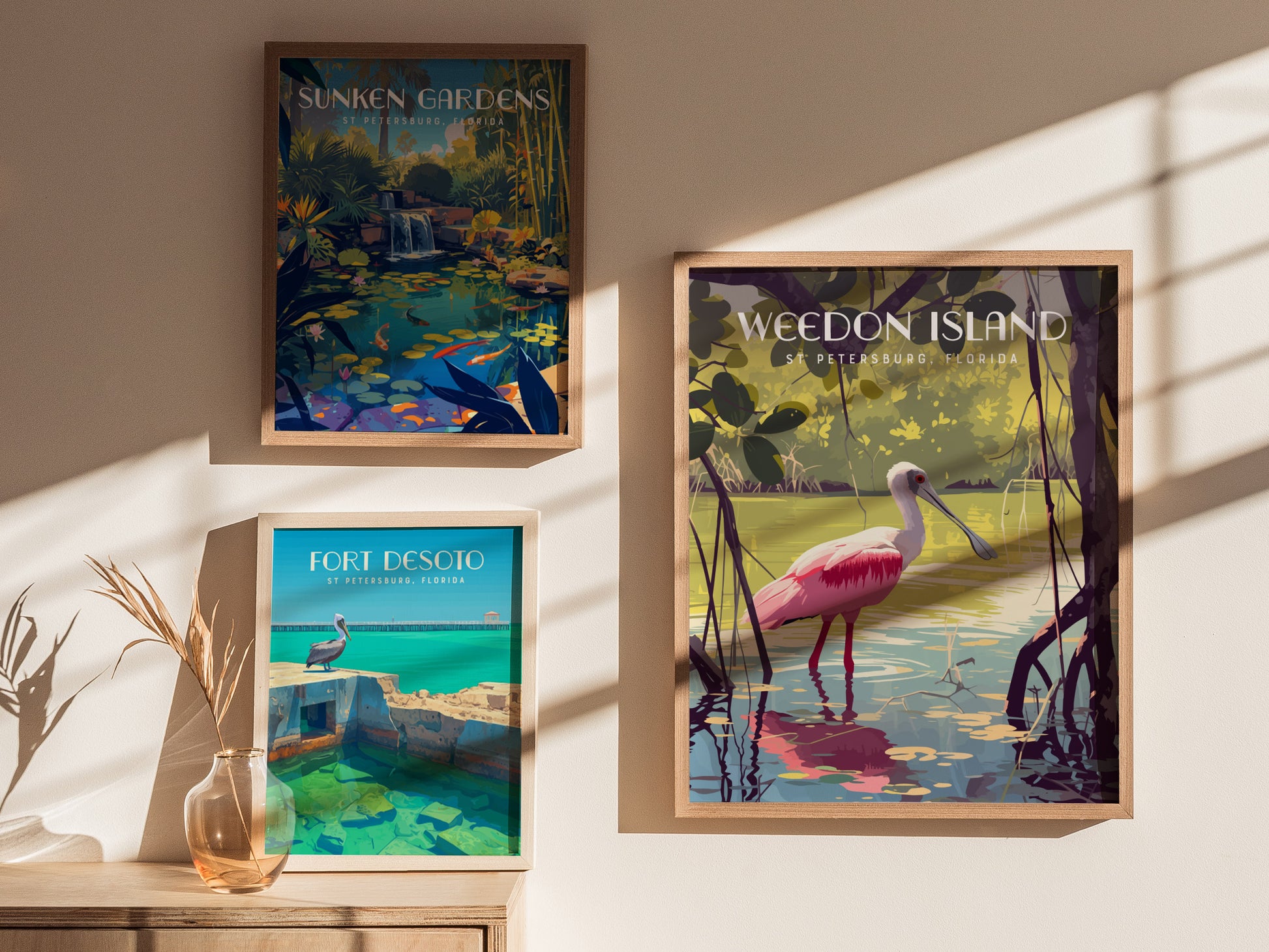 Three framed nature posters hang on a sunlit wall. The images depict Sunken Gardens, Fort Desoto, and Weedon Island in St. Petersburg, Florida, with vibrant landscapes and wildlife.