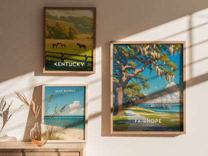 Three framed posters on a sunlit wall depict landscapes: Fairhope, Alabama with a live oak and water view; Kentucky with horses; and Gulf Shores, Alabama with a beach scene.