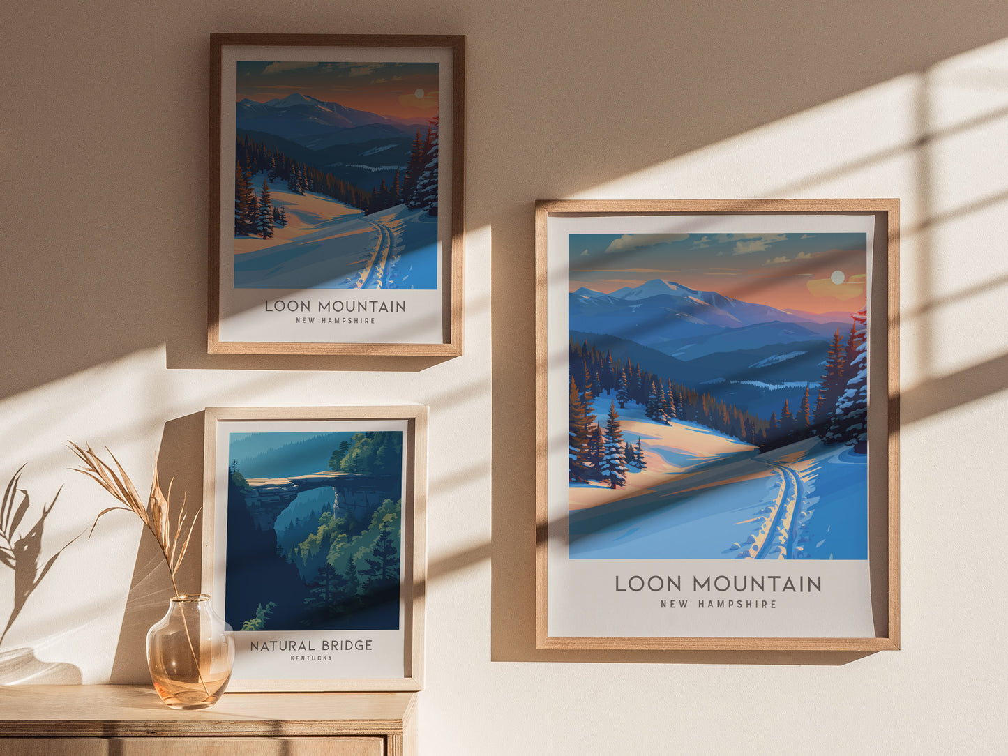 Loon Mountain Matte Border Poster | New Hampshire Travel Wall Art — styled in a modern interior