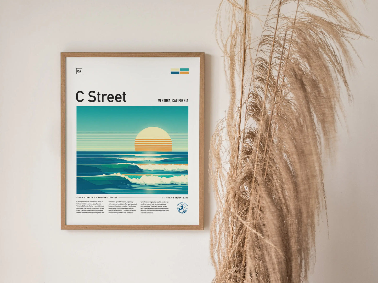 C Street Ventura California Surf Spot Framed Poster | CA Beach Surfing Wave Wall Art | Minimal Design Surfer Travel Print