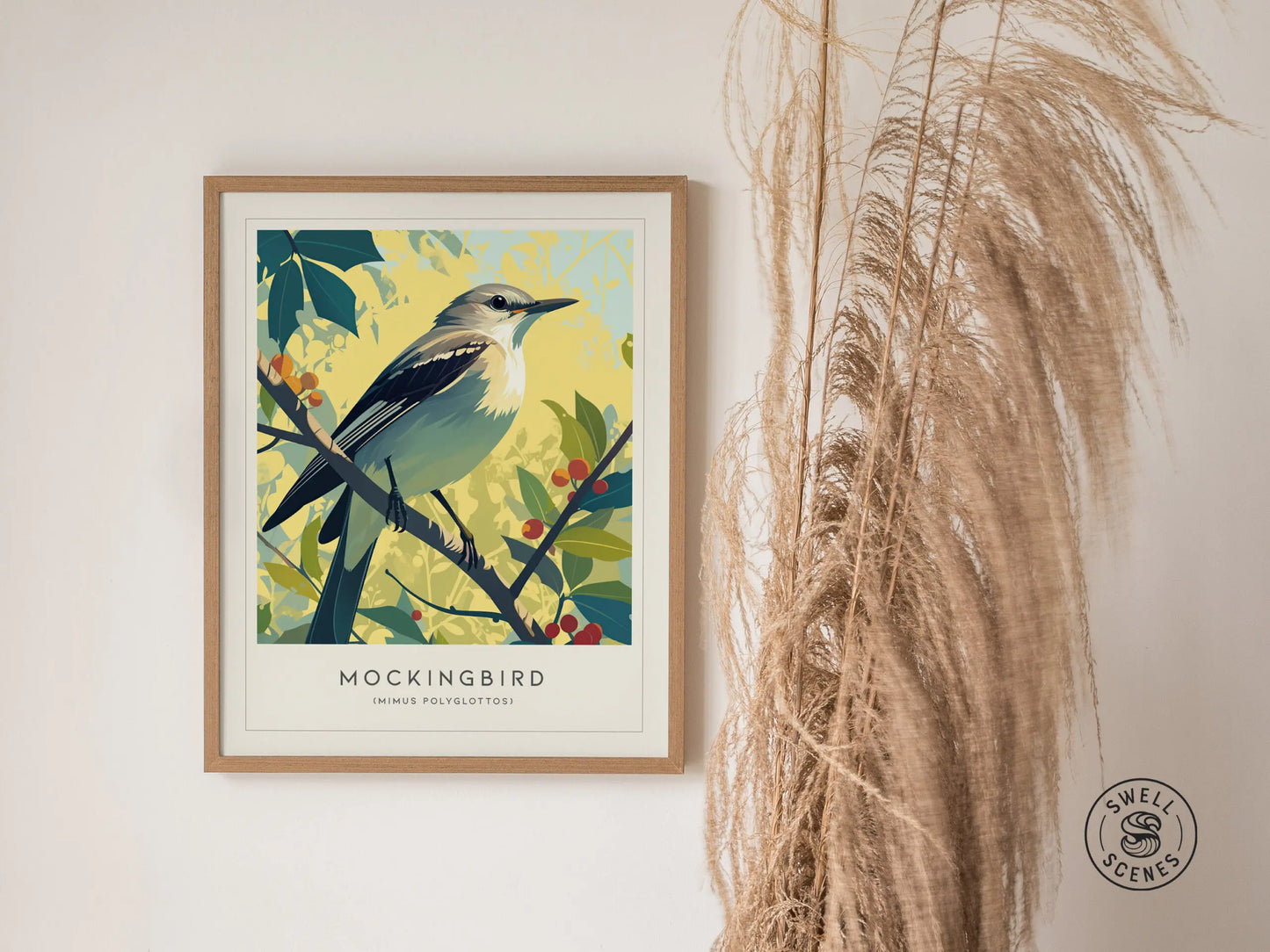 Mockingbird Songbird Modern Framed Wall Art | Cottagecore Minimalist Nature Wildlife Poster | Audubon Scientific Print | Bird Lover Farm House Decor