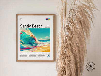 Sandy Beach Surf Spot Framed Poster | Sandys Hawaii Wave Wall Art | Oahu HI Bodyboarder Surfer Travel Print | Surfing Minimal Design