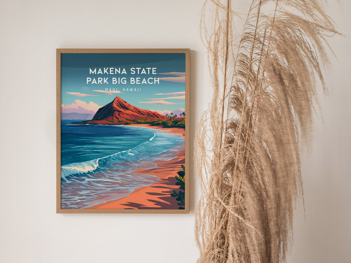 Makena State Park Big Beach, Maui, Hawaii Poster | Tropical Beach Print Wall Art — styled in a modern interior