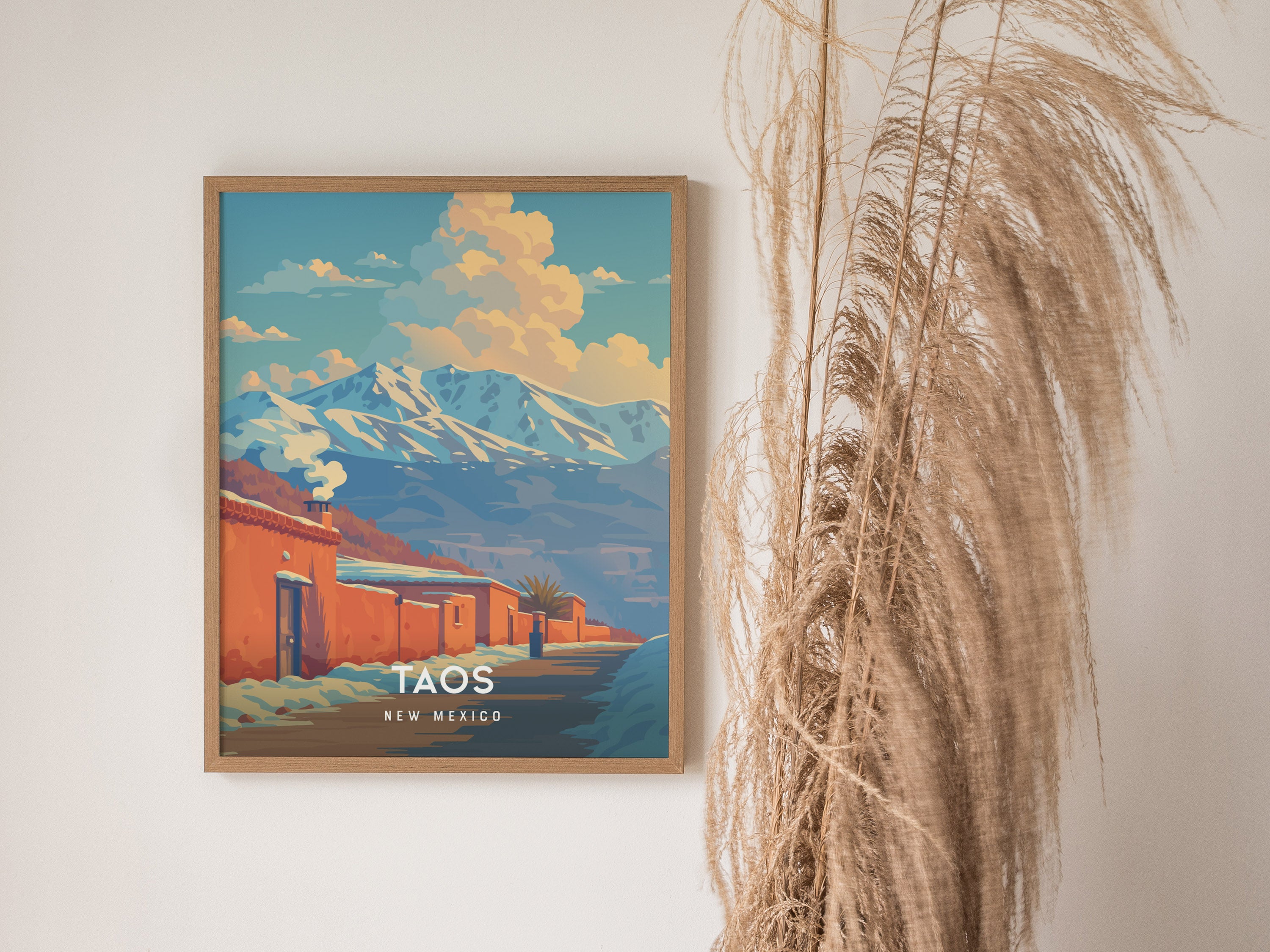 Taos, New Mexico Poster | Desert Adobe & Mountain Sunset Wall Art