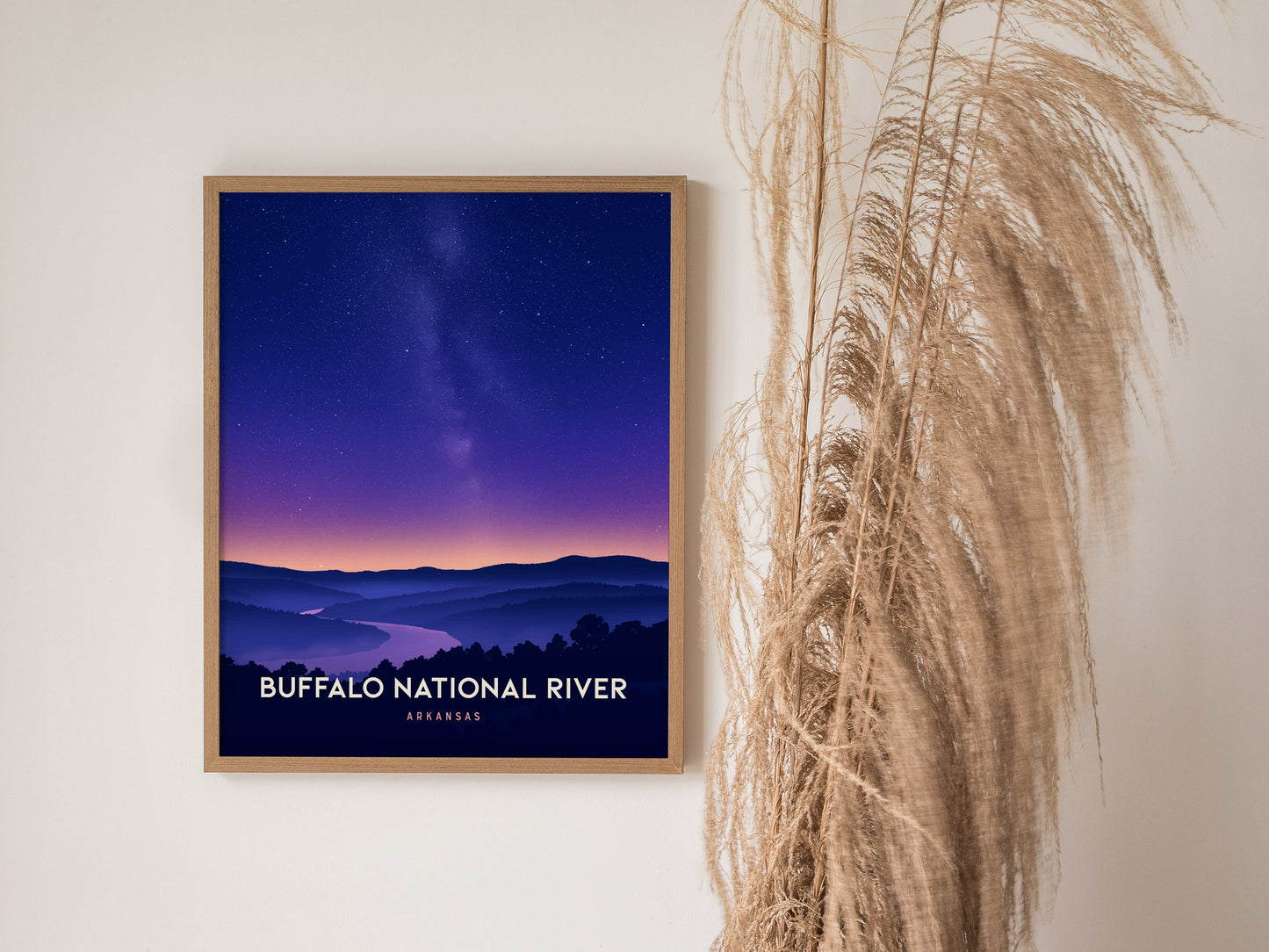 Stylized Buffalo National River poster featuring a serene twilight landscape with deep blues, purples, and glowing horizon hues, ideal travel art.