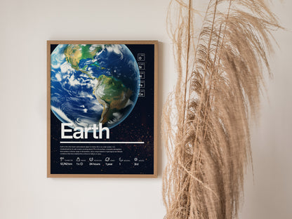 A framed Earth poster showcasing a detailed image of the planet with scientific data, set against a neutral wall beside dried pampas grass.