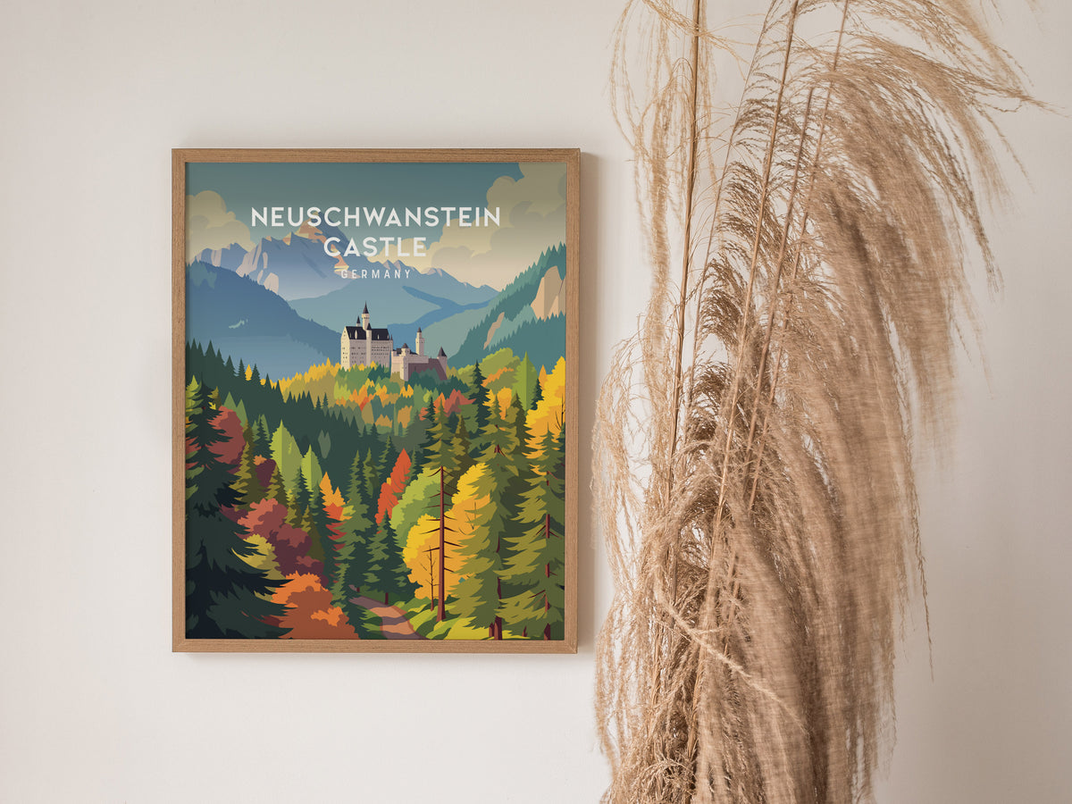 Neuschwanstein Castle, Germany Poster | Fairytale Alpine Fortress Framed or Unframed Wall Art — styled in a modern interior