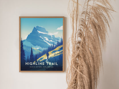 A framed Highline Trail poster depicts a hiker on a vibrant mountain path with a prominent peak in the background. Tall dried grasses are positioned beside the artwork.