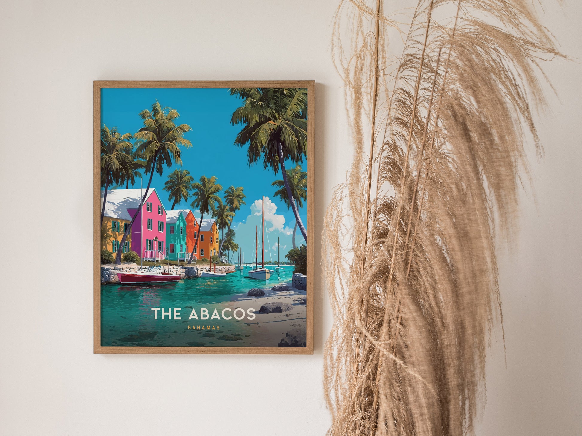 Vibrant Abacos Bahamas waterfront scene featuring colorful houses, palm trees, and sailboats, perfect travel art print.