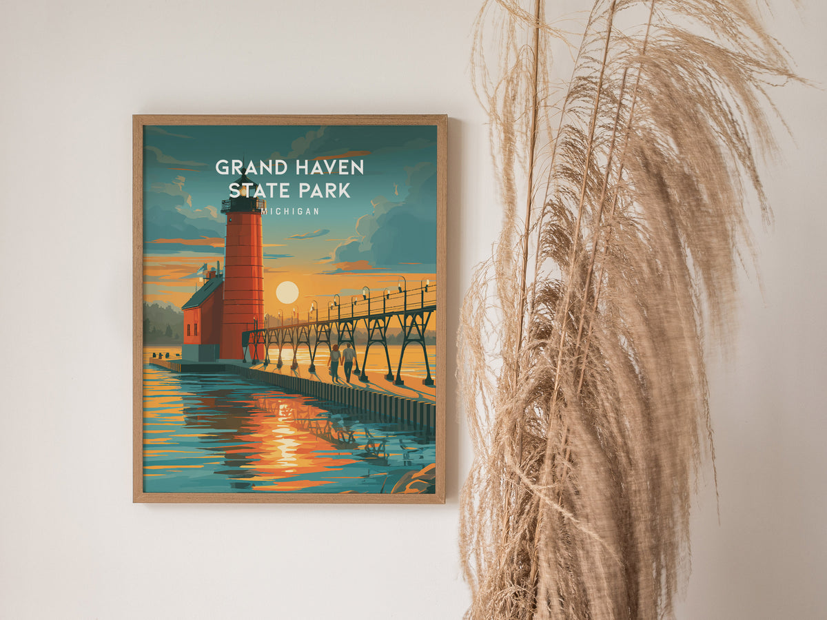 Grand Haven State Park, Michigan Poster | Lighthouse & Pier Beach House Decor Wall Art — styled in a modern interior