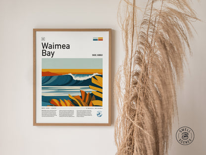 A framed Waimea Bay poster featuring stylized waves and tropical foliage is displayed on a wall beside tall, dried pampas grass. The Swell Scenes logo is visible in the corner.