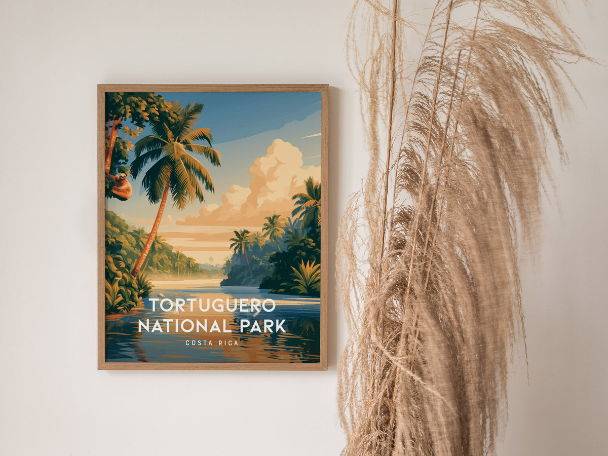 Tortuguero National Park, Costa Rica Poster | Sea Turtle & Rainforest Canal Wall Art — styled in a modern interior