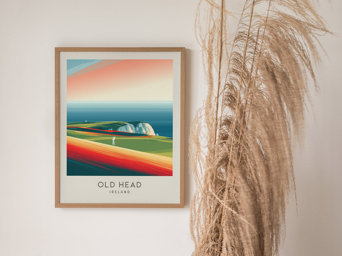Old Head Matte Border Poster | Ireland Golf Course Print & Links Wall Art — styled in a modern interior