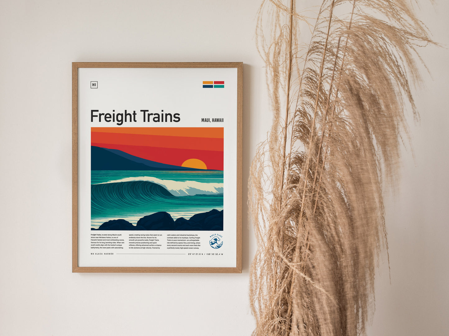 Framed Maui Wave poster showcasing vibrant sunset colors, bold ocean waves, ideal surf art for decor and surfer gifts.