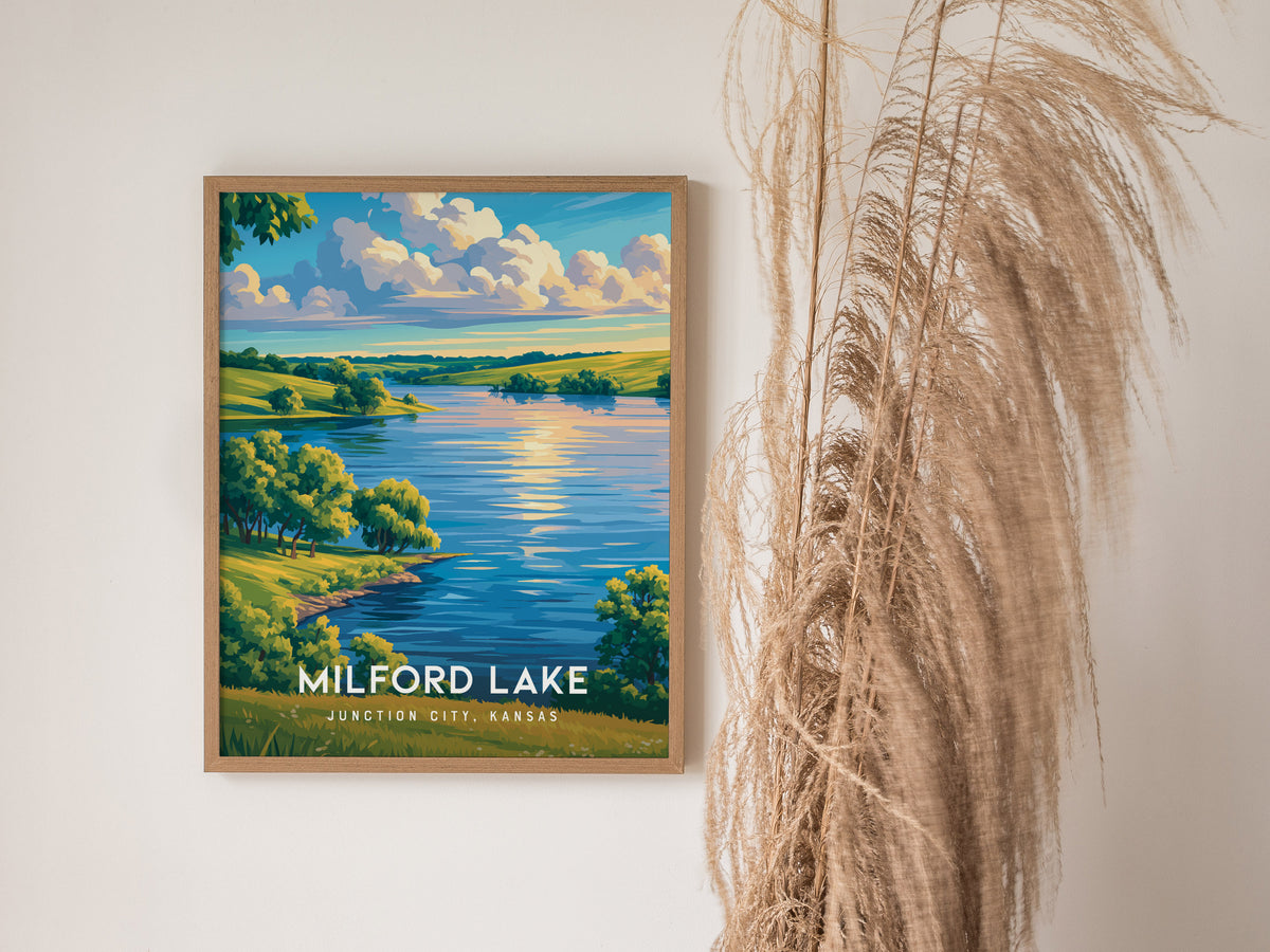 Milford Lake, Junction City, Kansas Poster | Lakeside Serenity Destination Print Wall Art — styled in a modern interior