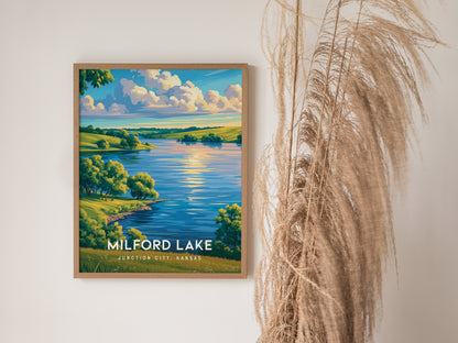 Milford Lake, Junction City, Kansas Poster | Lakeside Serenity Destination Print Wall Art — styled in a modern interior
