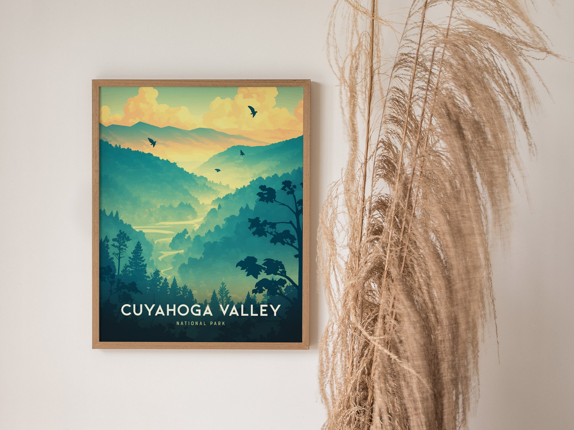 A framed poster of Cuyahoga Valley National Park features a scenic landscape with mountains, trees, and birds against a sunset sky, displayed beside dried pampas grass.