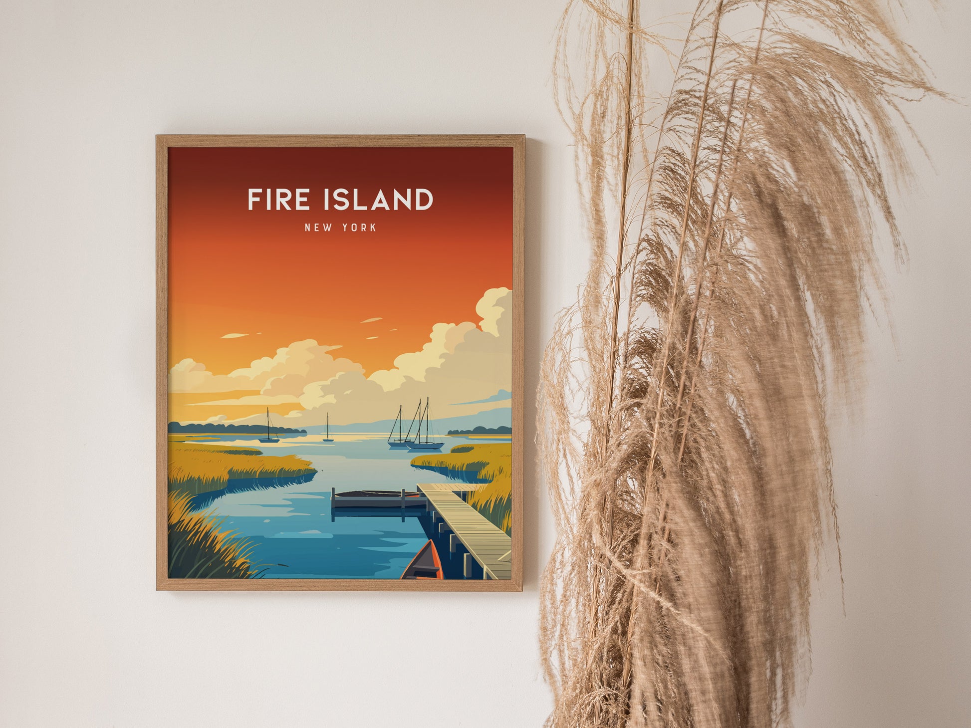 Fire Island, New York Poster | Dunes & Lighthouse Seaside Wall Art — styled in a modern interior