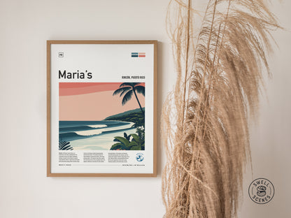 A framed poster titled Marias depicts a stylized coastal scene with waves, palm trees, and a sunset. It hangs on a wall beside tall, dried grasses.