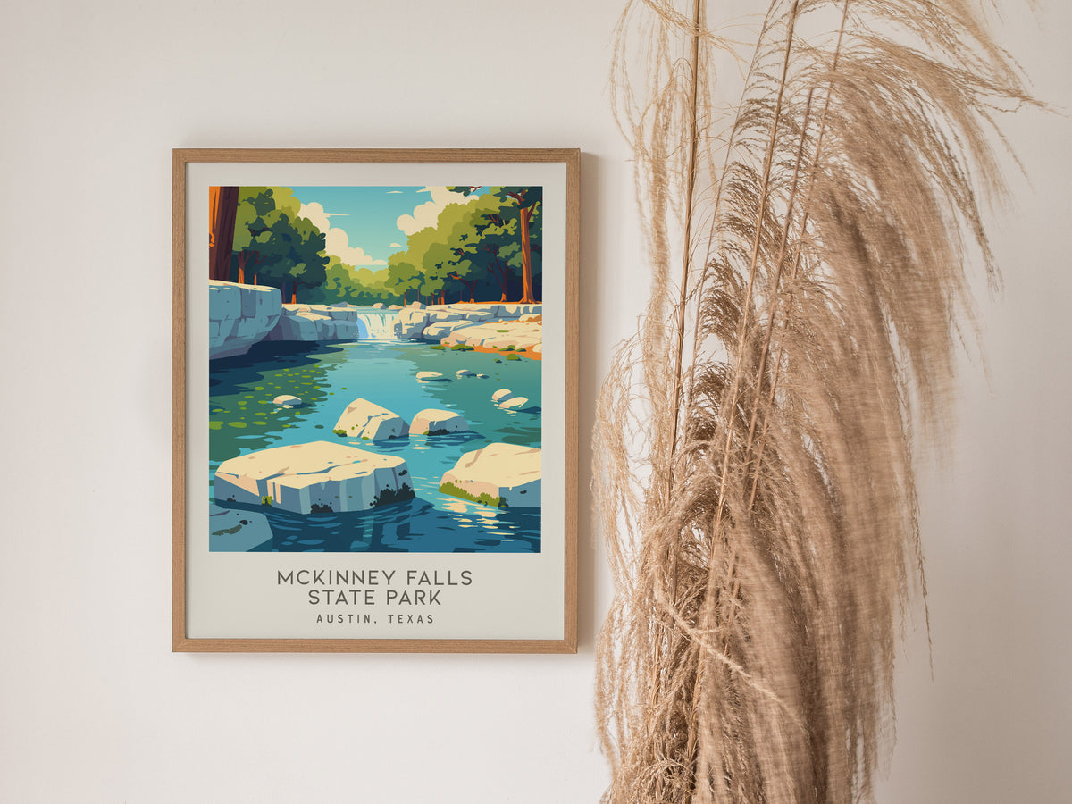 McKinney Falls State Park Matte Border Poster | Austin, Texas Destination Print Travel Wall Art — styled in a modern interior