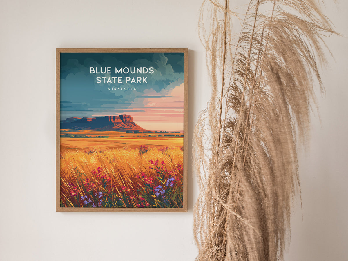 Blue Mounds State Park, Minnesota Poster | Prairie Bluffs & Bison Travel Wall Art — styled in a modern interior