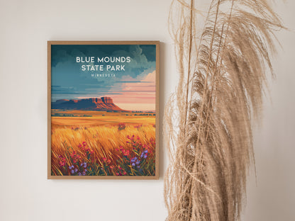 Blue Mounds State Park, Minnesota Poster | Prairie Bluffs & Bison Travel Wall Art — styled in a modern interior