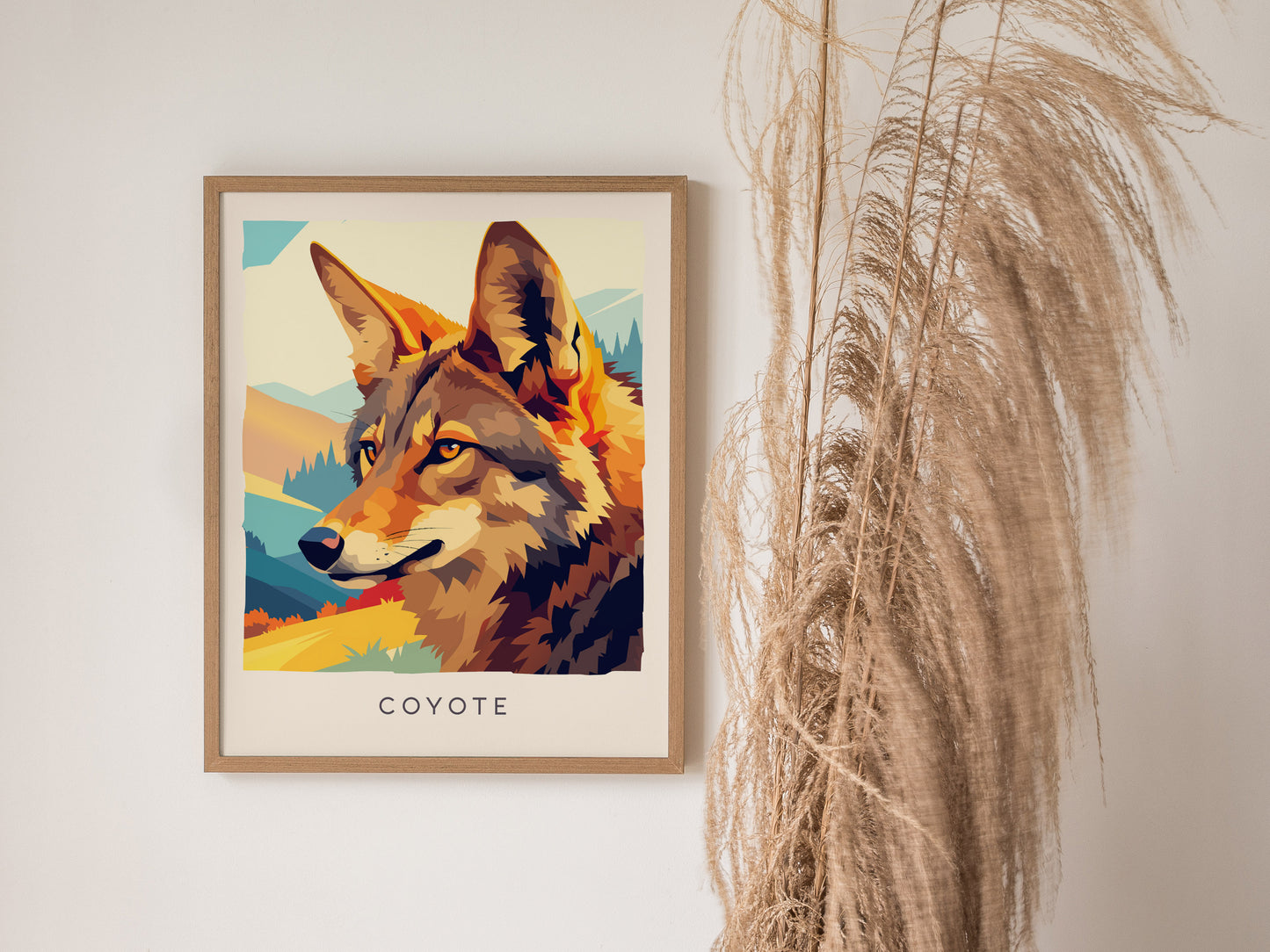 Coyote Poster | Wild Spirit of the Open West Wall Art — styled in a modern interior