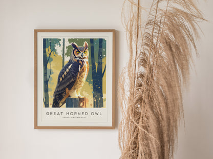 Great Horned Owl Moon Framed Poster | Hoot Owl Bird Lover Nature Modern Wall Art | Bird Of Prey Audubon Print Decor