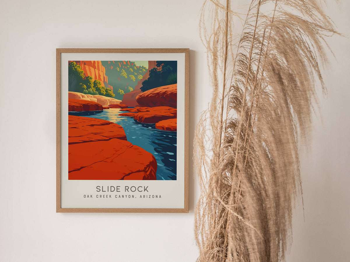 Slide Rock Matte Border Poster | Oak Creek Canyon, Arizona Travel Wall Art — styled in a modern interior