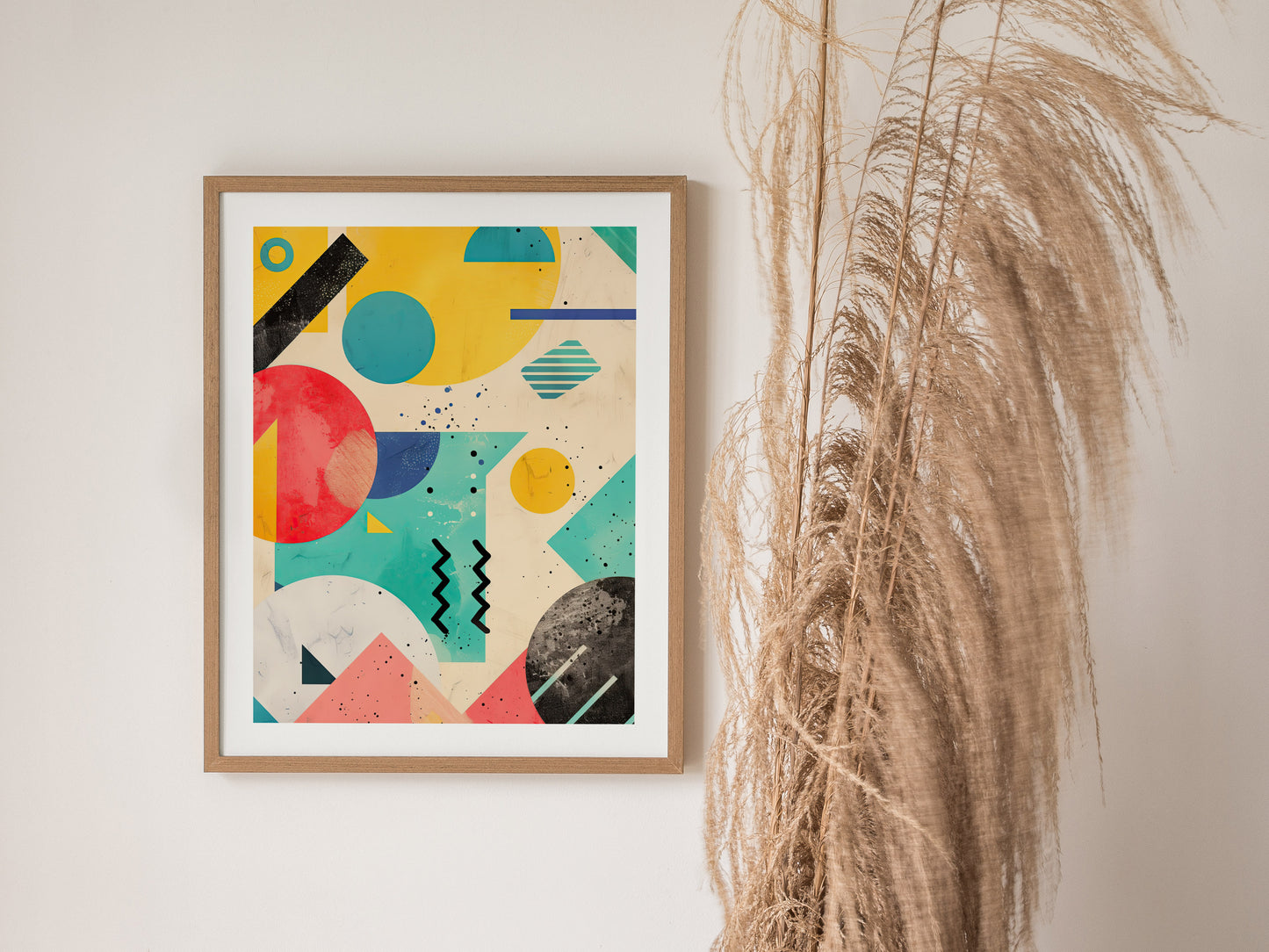 A framed abstract poster featuring bold geometric shapes in vibrant colors hangs on a wall beside dried pampas grass. The artwork showcases 90s-inspired retrowave design elements.