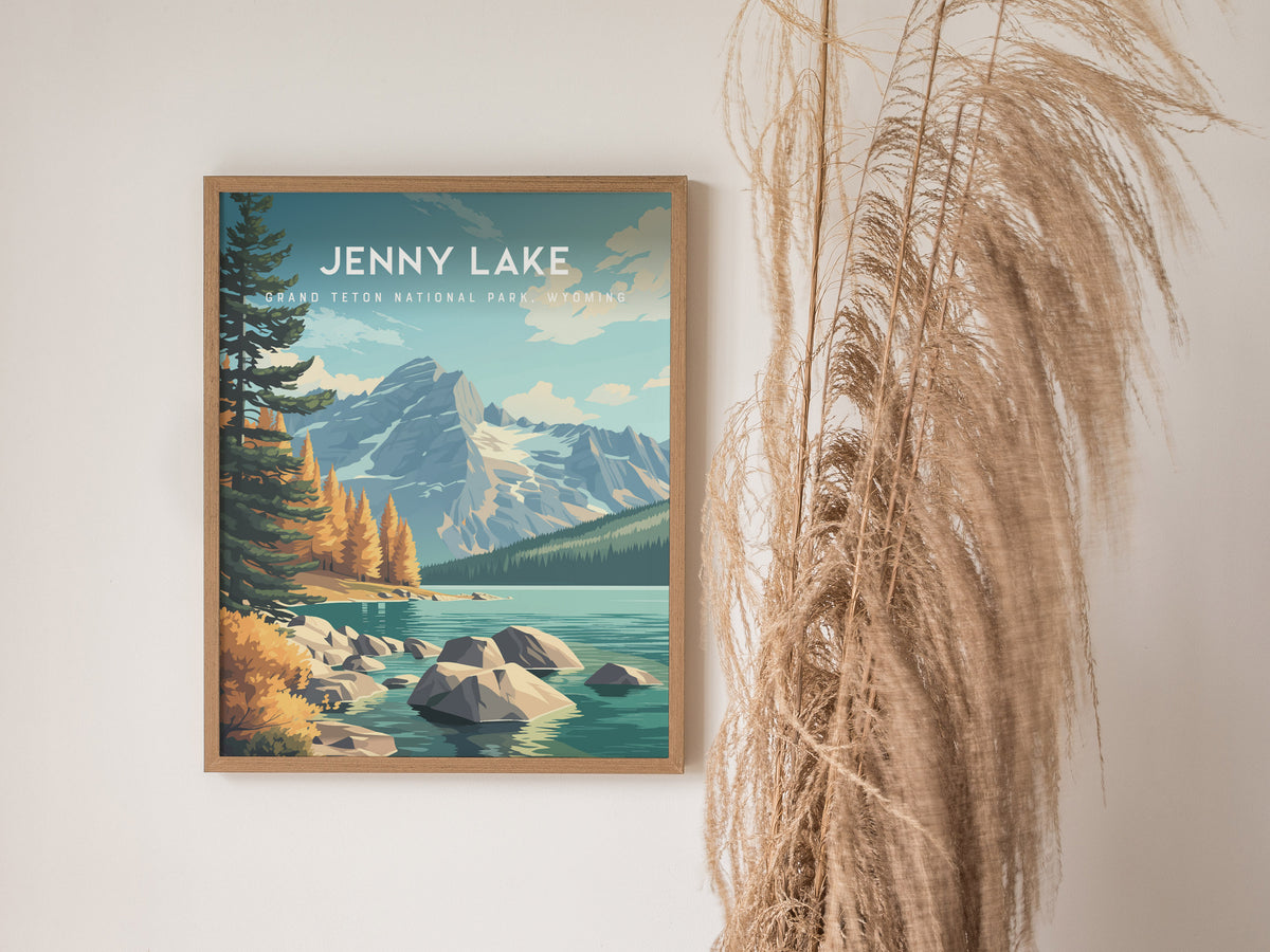 Jenny Lake, Grand Teton National Park, Wyoming Poster | Mountain Reflection Destination Print Wall Art — styled in a modern i