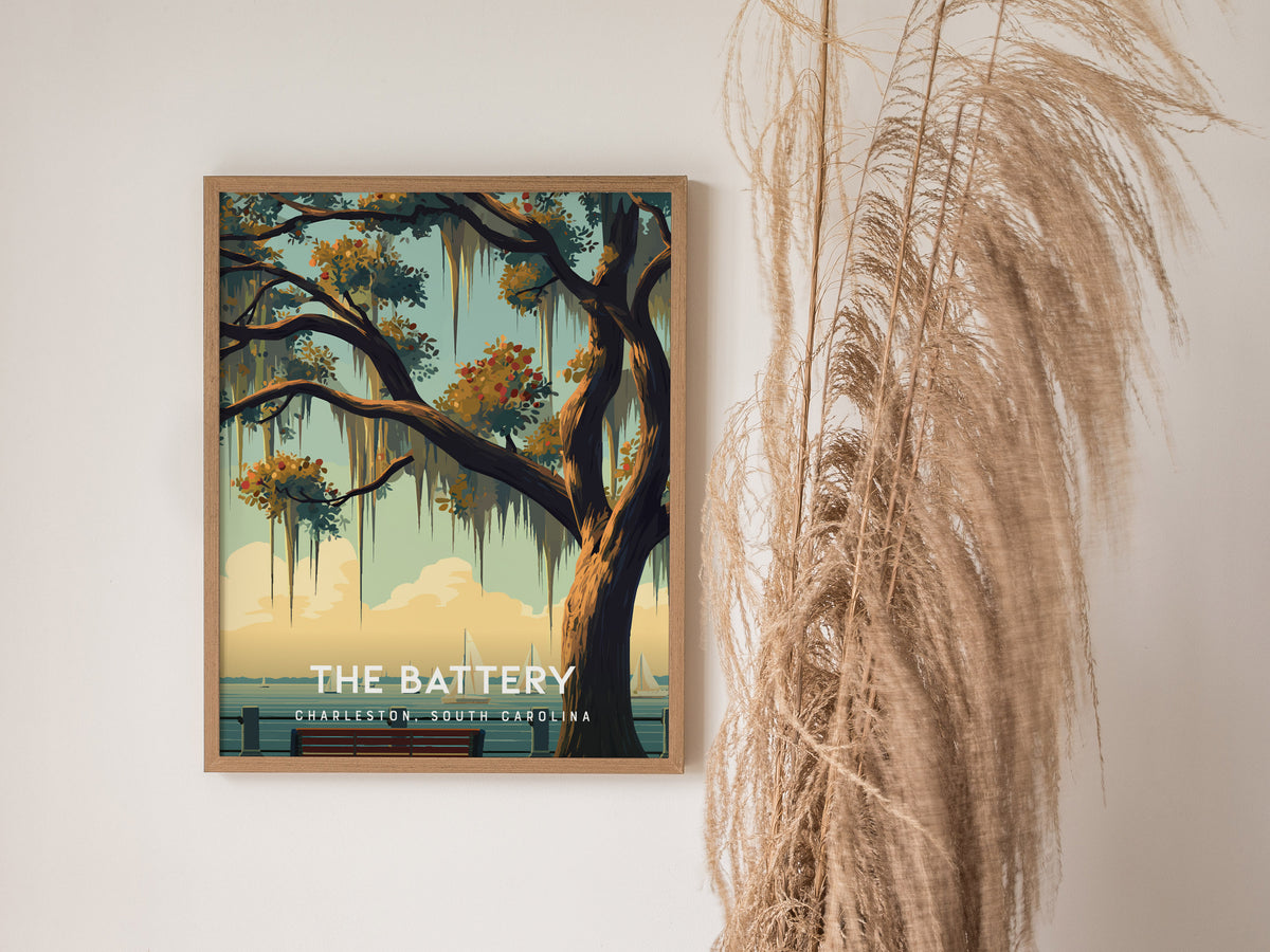 The Battery, Charleston, South Carolina Poster | Historic Waterfront Promenade Travel Wall Art — styled in a modern interior