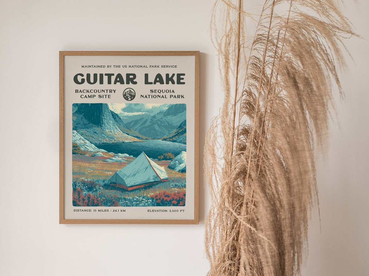 Guitar Lake, Sequoia National Park Poster | Hiker Gift | Backcountry Trail Wall Art — styled in a modern interior