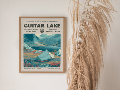 Guitar Lake, Sequoia National Park Poster | Hiker Gift | Backcountry Trail Wall Art — styled in a modern interior