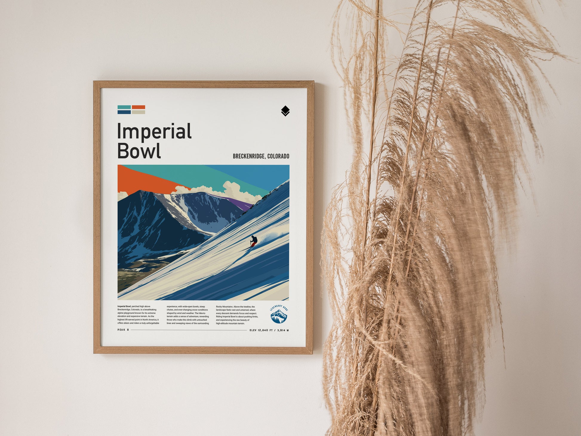 Stylized Imperial Bowl ski scene poster featuring a skier on a snow-covered slope in Breckenridge, Colorado, with vibrant blue and white hues.