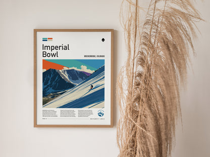 Stylized Imperial Bowl ski scene poster featuring a skier on a snow-covered slope in Breckenridge, Colorado, with vibrant blue and white hues.